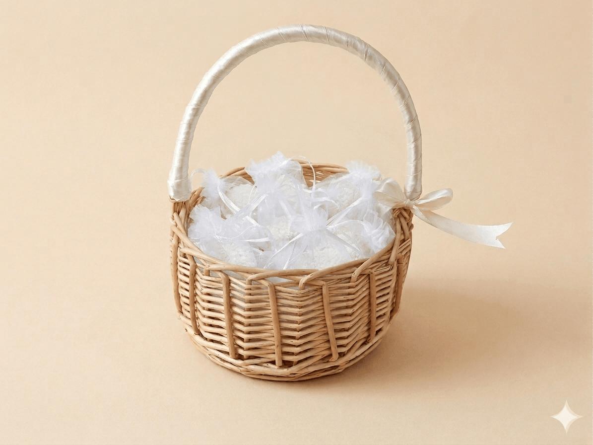 flettet-blomsterkurv-bryllupskurv-hvid-risposer-bryllup